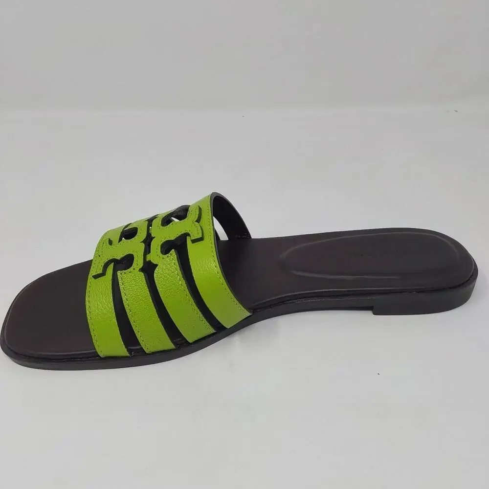 Tory Burch Ines Cage Slide Sandals Light Chartreuse Cocoa Leather US 8